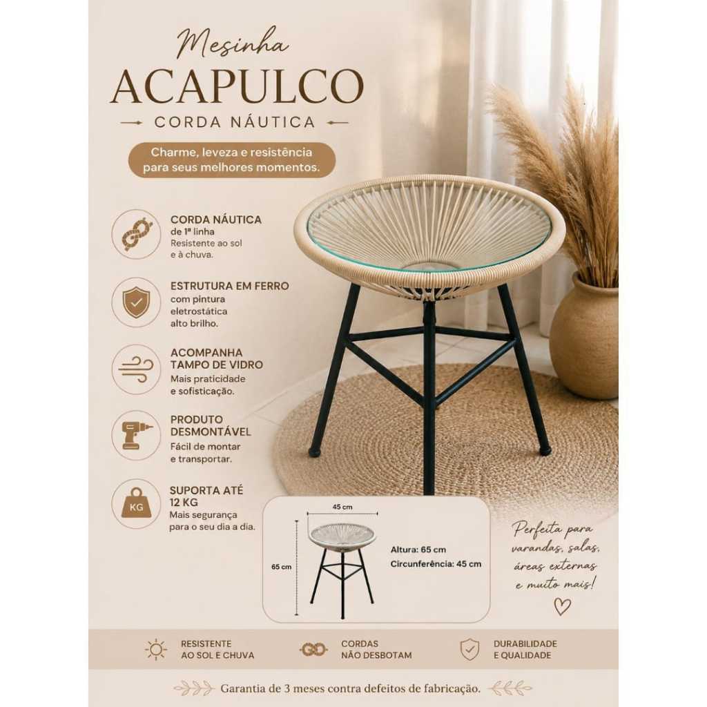 Mesinha Acapulco  de corda náutica decoração decorativa casa piscina varanda sacada