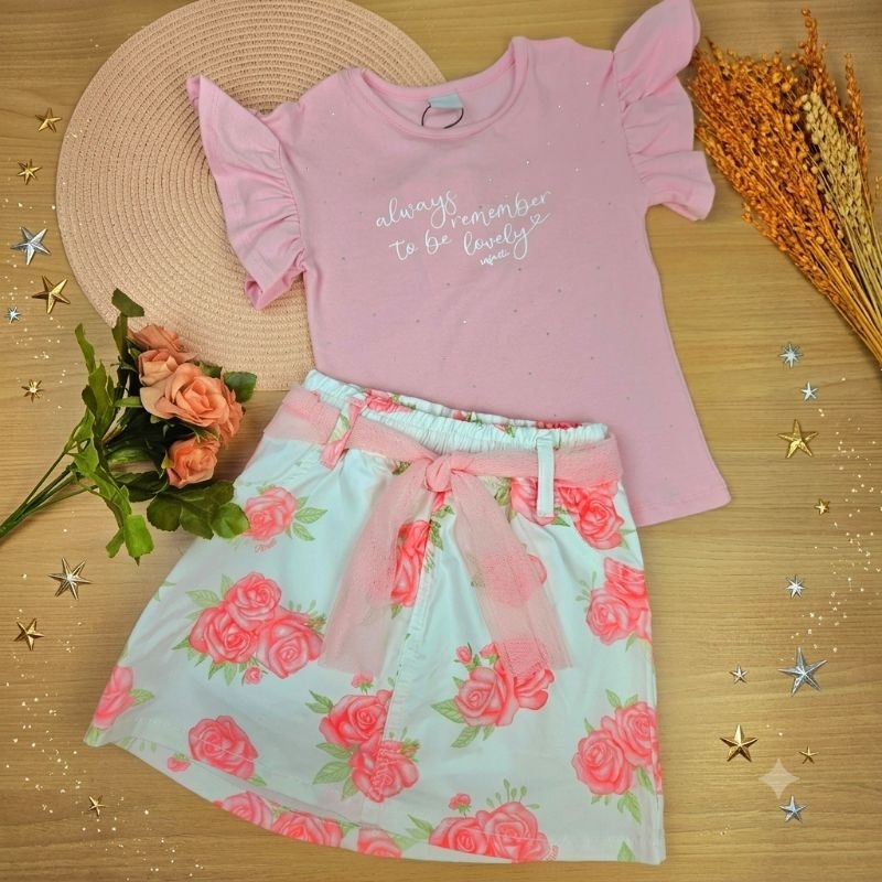 1Conjunto infantil feminino Blusa + Saia com Shorts Embutido Infanti