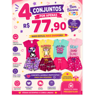 Kit Sortido 8 Peças de Roupas Infantil Menina 4 Camisetas + 4 Bermudas - Kit 4 Conjuntos Infantil Menina Verão Bebê