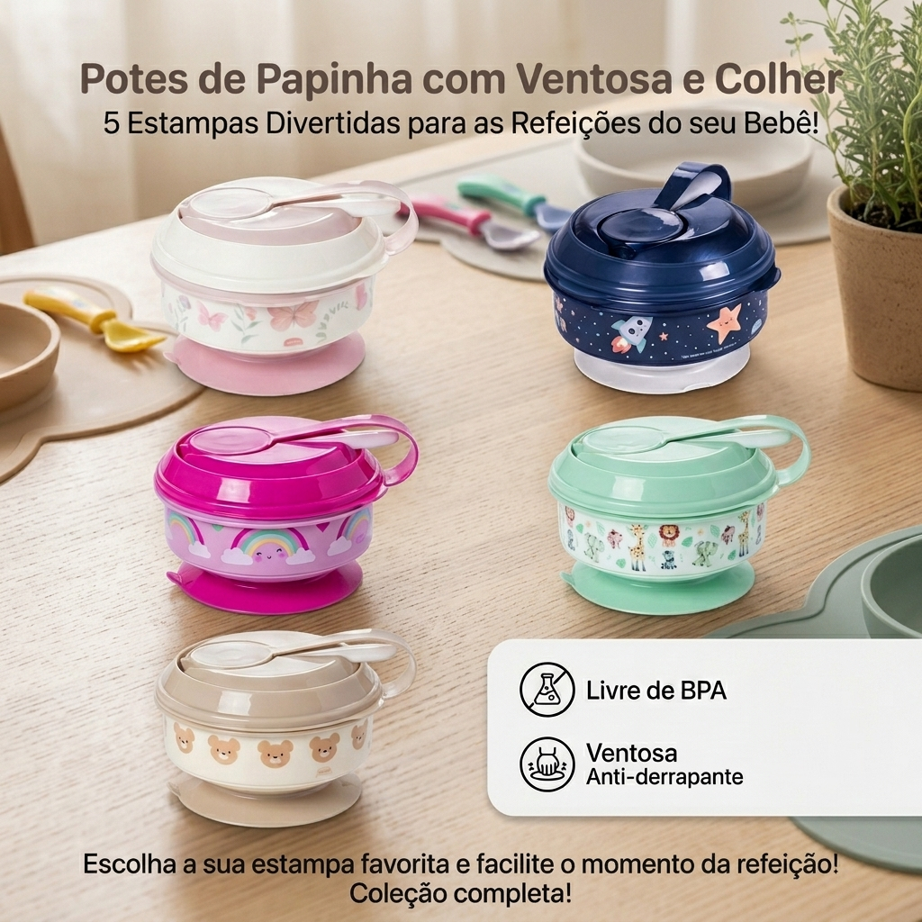 Kit Pote de Papinha Legumes Frutas com Tampa Colher Amassador 300ml Plasútil Ventosa