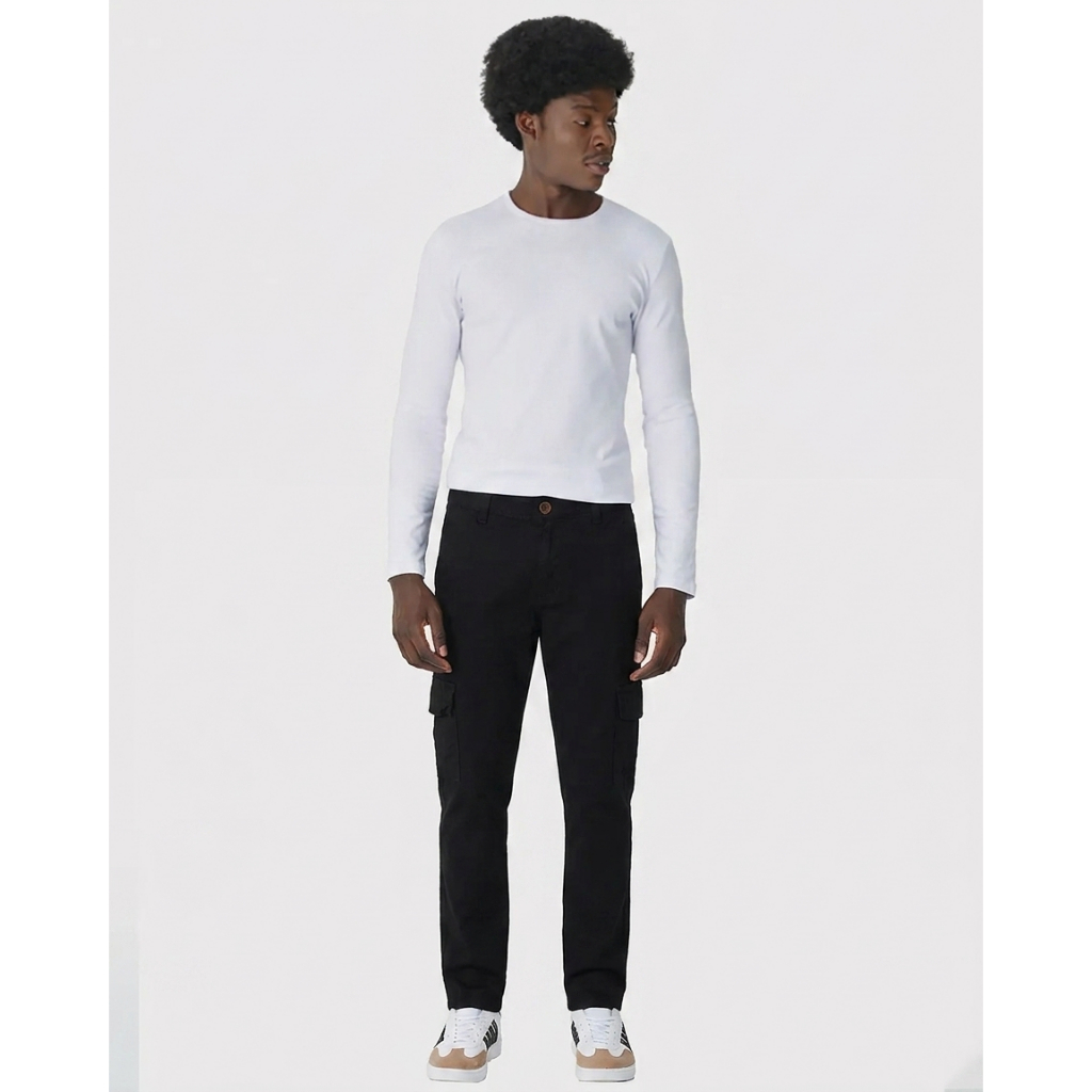 Calça Masculina Chino Cargo Em Sarja Com Elastano