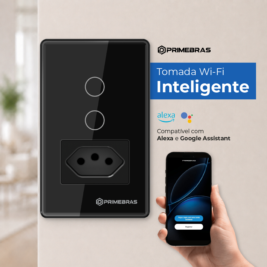 Interruptor e Tomada Inteligente Primebras TP1012 Wi-Fi 2 Botões Touch Vidro Google Alexa App Assistente de Voz Bivolt
