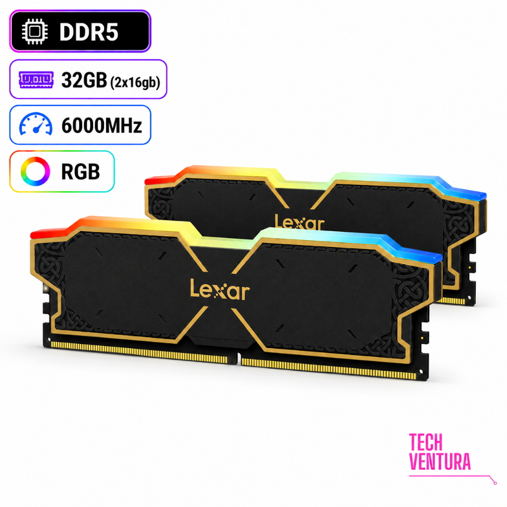 Memória RAM Lexar THOR Preta RGB DDR5 32GB Kit 2x16GB 6000MHz CL38 XMP 3.0 AMD E