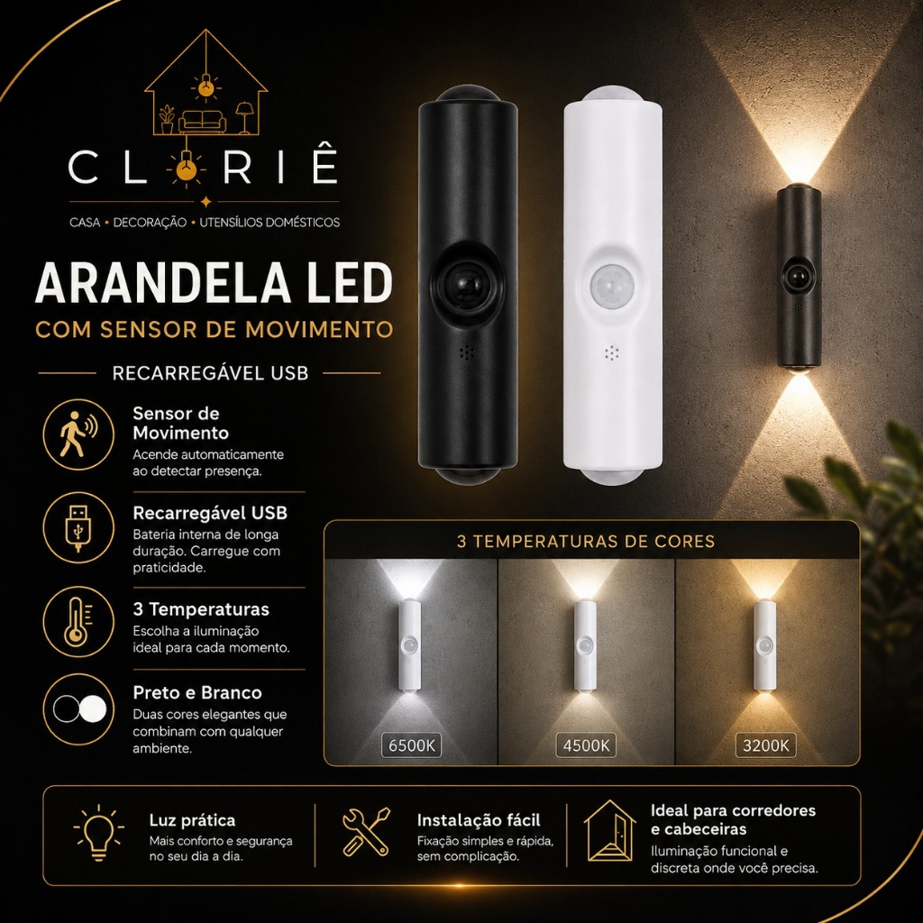 Arandela LED com Sensor de Movimento Recarregável USB  Luz de Parede 2 Fachos Moderna