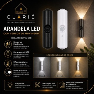 Arandela LED com Sensor de Movimento Recarregável USB  Luz de Parede 2 Fachos Moderna