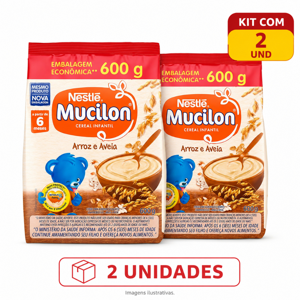 Kit 2x Mucilon - Multicereais - Arroz e Aveia - Nestlé 600g Total 1,2kg Cereal Infantil A partir de 6 Meses