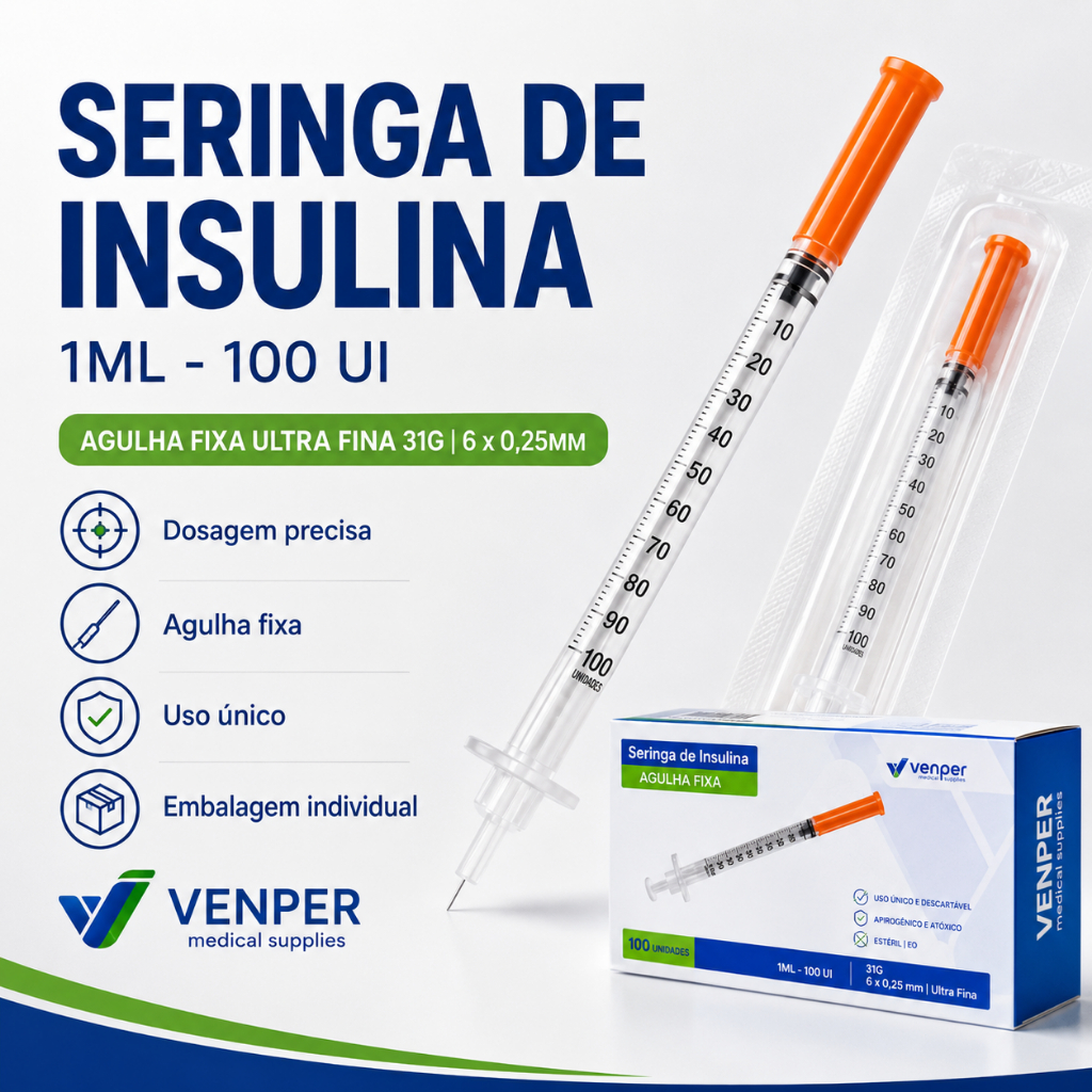 Seringa de Insulina 1ml 100 UI Agulha Fixa Ultra Fina 31G 6x0,25mm VENPER Estéril Descartável