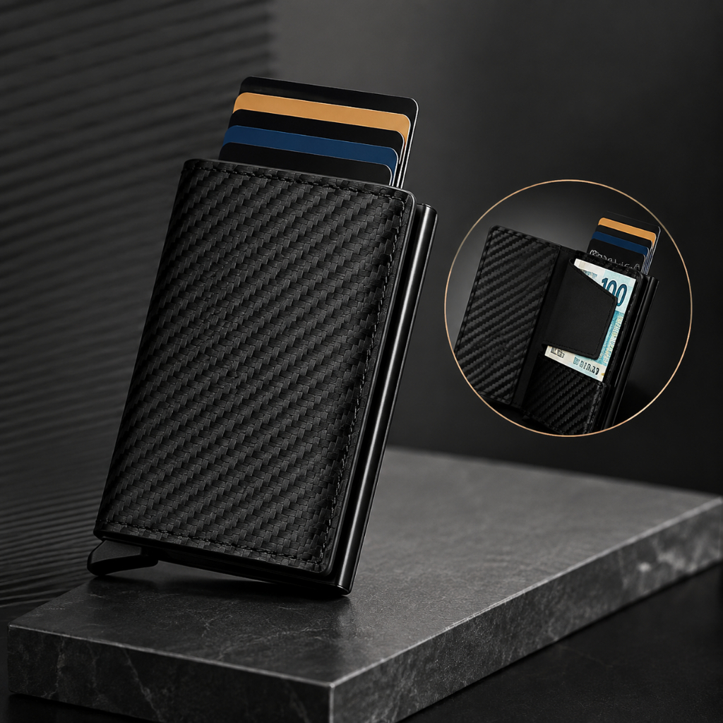 Carteira Masculina Couro Porta Cartões Fibra De Carbono RFID Slim Premium