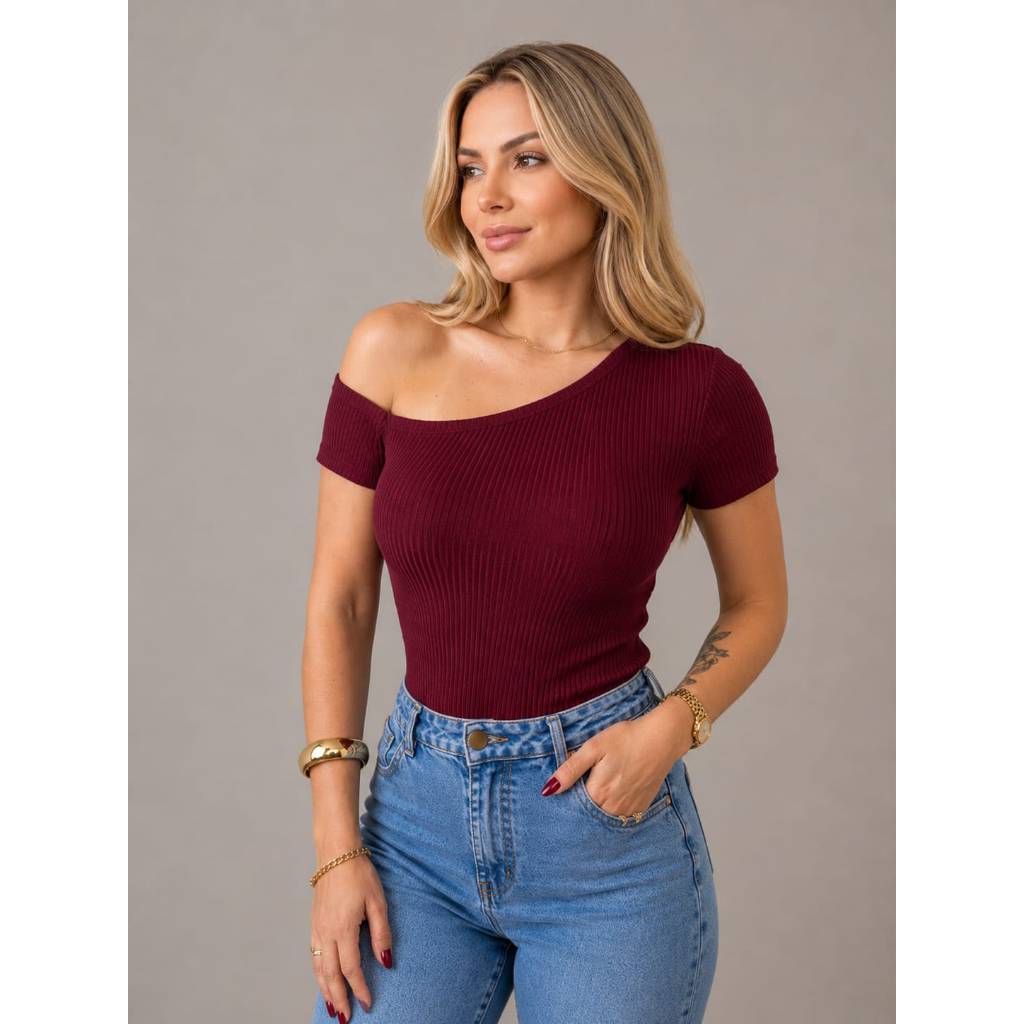 Blusa Feminina Assimétrica Canelada Básica Moda Gringa Look Casual Elegante Confortável