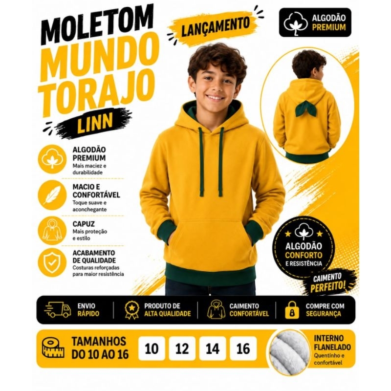 Blusa Moletom Mundo Torajo Amarelo Linn Capuz Folha Folhinha Infantil Criança Juvenil Frio