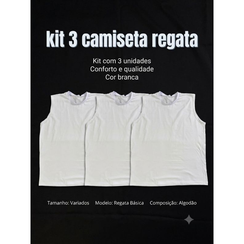 kit 3 camisetas regatas Masculinas Basicas brancas algodão confortável e macio