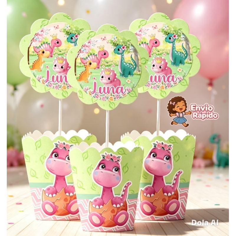 kit Centro de Mesa Personalizado Caixa Cachepot  Dino Baby Menina Cachepô