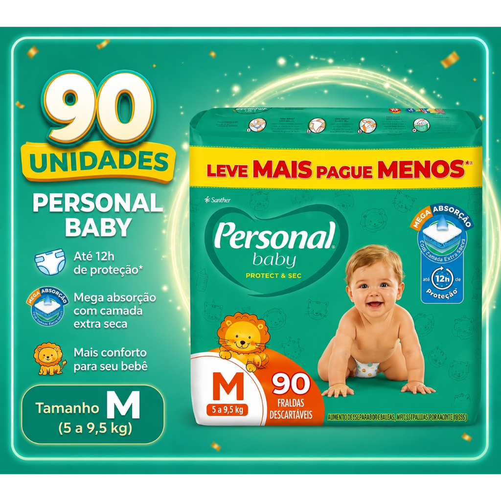 Fralda Infantil Personal Baby Tamanho M 90 Unidades Protect e Sec