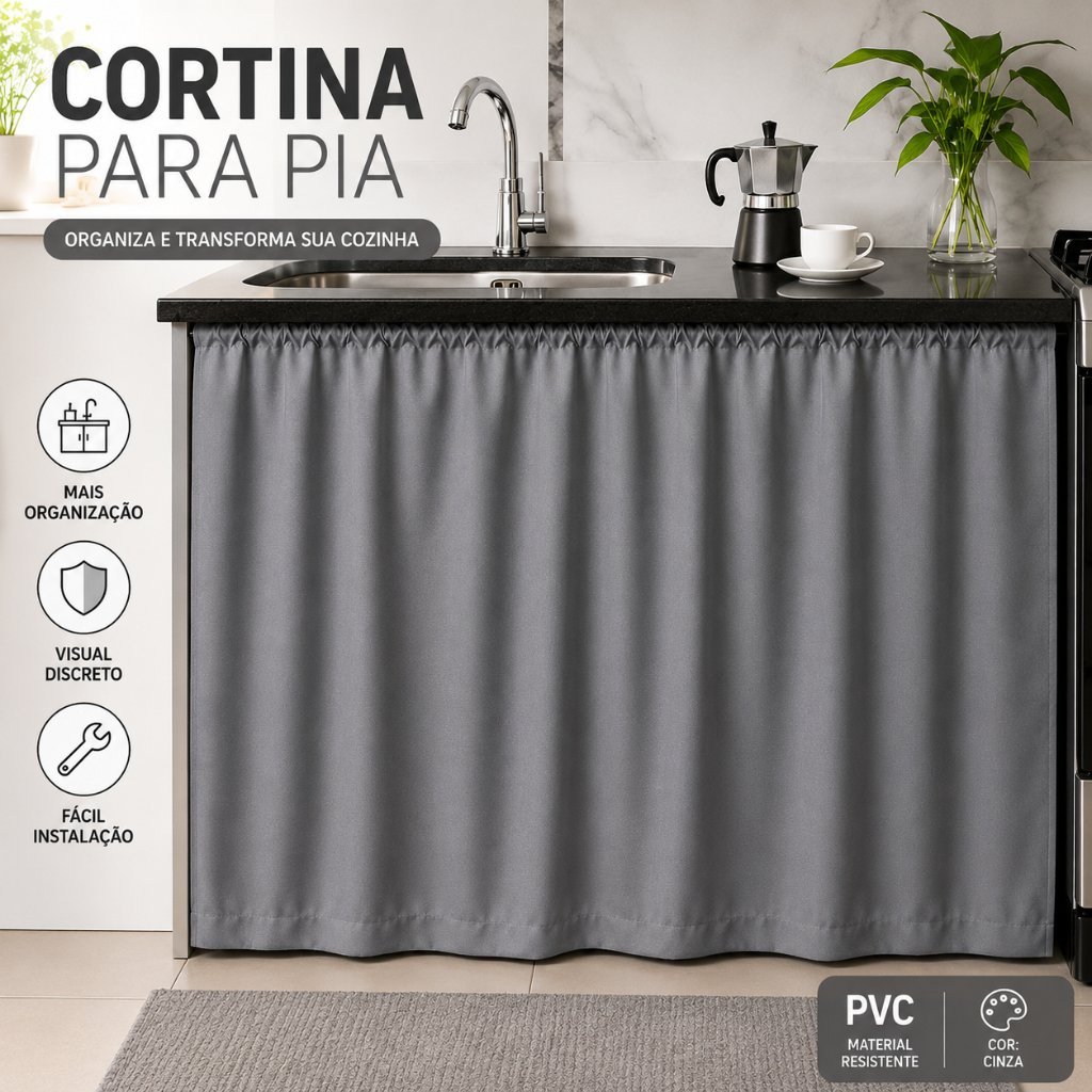 Cortina Para Pia de Cozinha PVC Cinza 1,38m x 0,80m Balcão Decoração Organização Fácil Instalação
