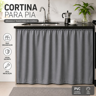 Cortina Para Pia de Cozinha PVC Cinza 1,38m x 0,80m Balcão Decoração Organização Fácil Instalação