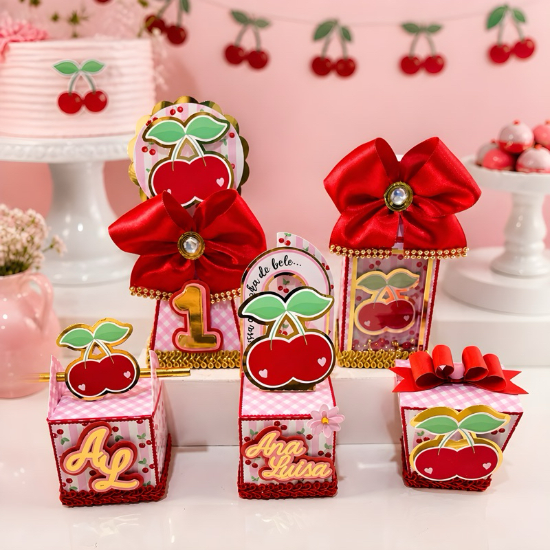Kit Lembrancinha Cerejinha Personalizados Decoração Festa infantil Caixinha Cerejinha Papelaria Cereja