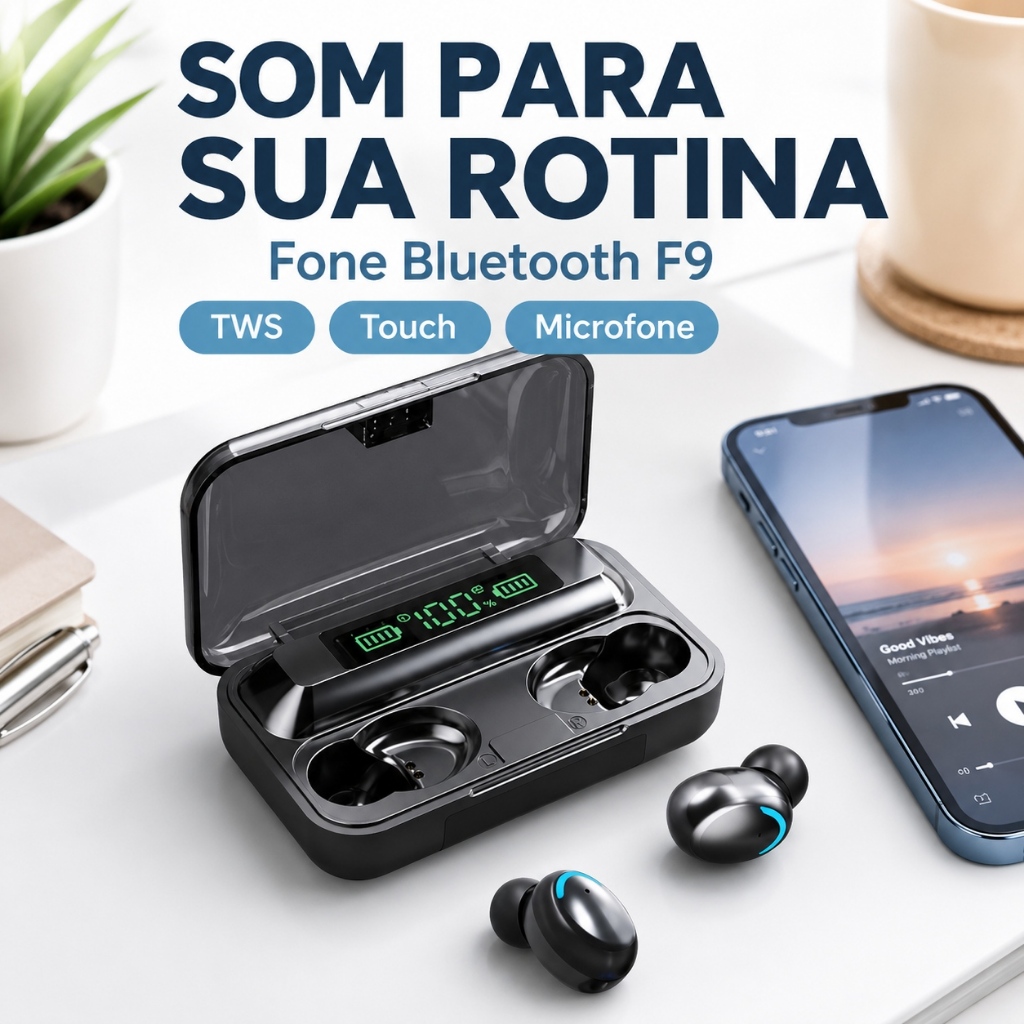 Fone F9 Bluetooth 5.0 Sem Fio TWS com Microfone Touch e Estojo com Display LED Para Uso Diário