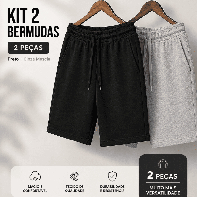 Kit 2 Bermudas Masculinas de Moletom com Bolsos e Cordão – Confortável Casual