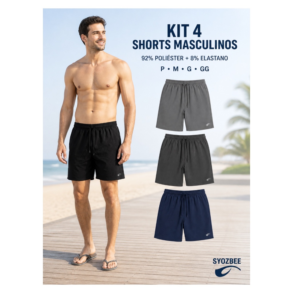 Kit 4 Shorts Bermuda Masculina Tactel com Elastano Bolsos P ao GG Syozbee