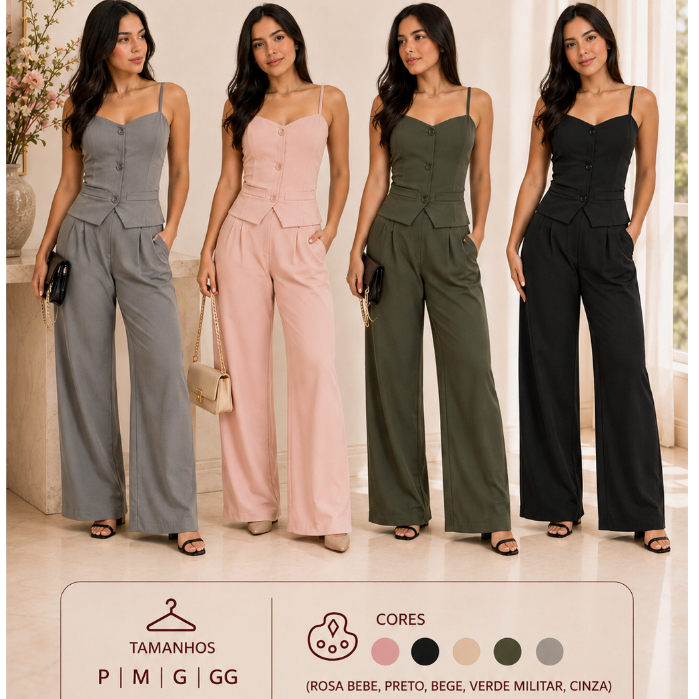 Conjunto Feminino Alfaiataria Elegante Colete com Botões + Calça Pantalona liquida****$2026