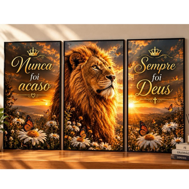 Quadros Decorativos Leão Dourado Majestoso Religioso Flores Girassol 3 Peças Decoração Sala Quarto Escritório Decoração