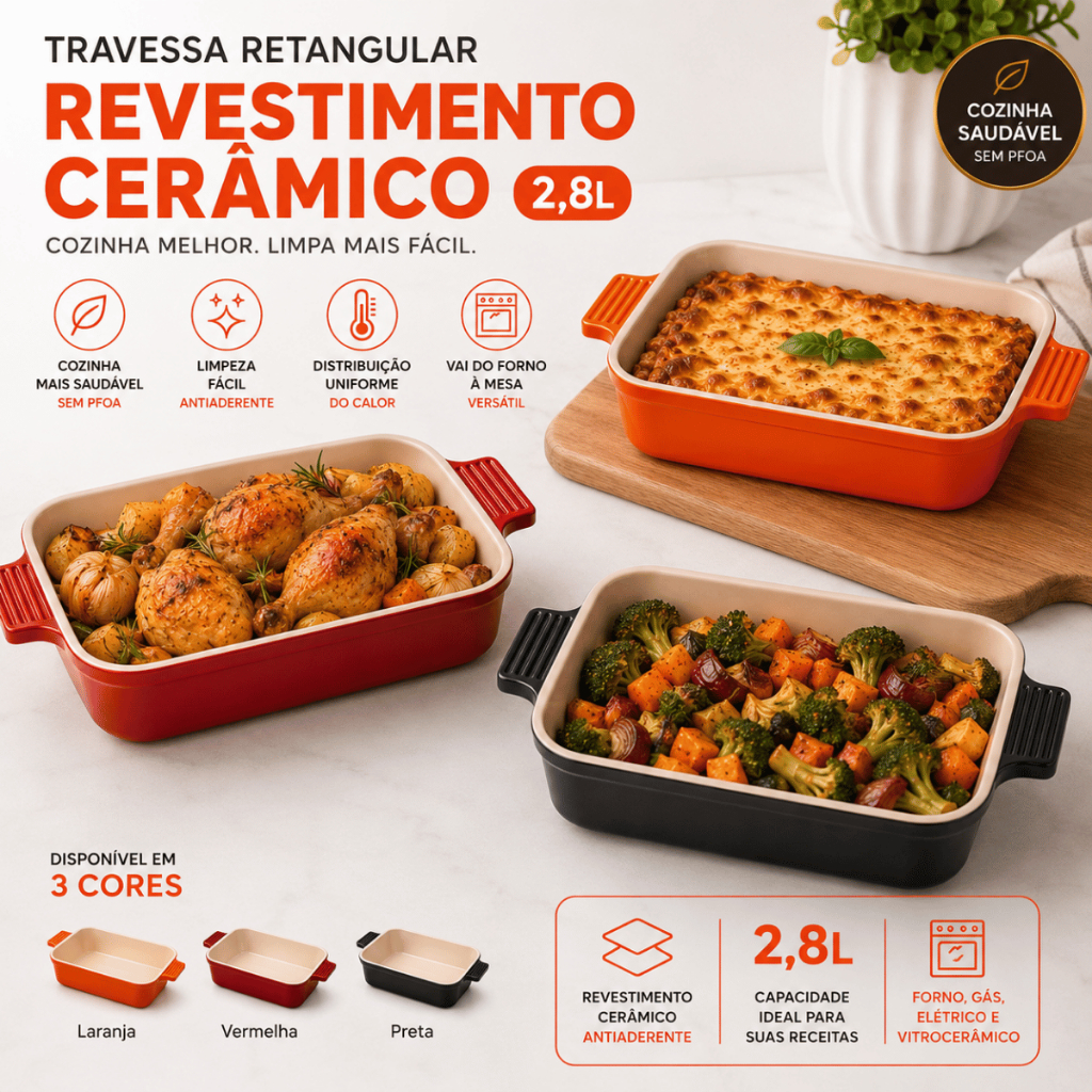 Forma Retangular Travessa 2,8L 22x29cm Assadeira Revestimento Cerâmico Antiaderente p/ Forno Oferta!