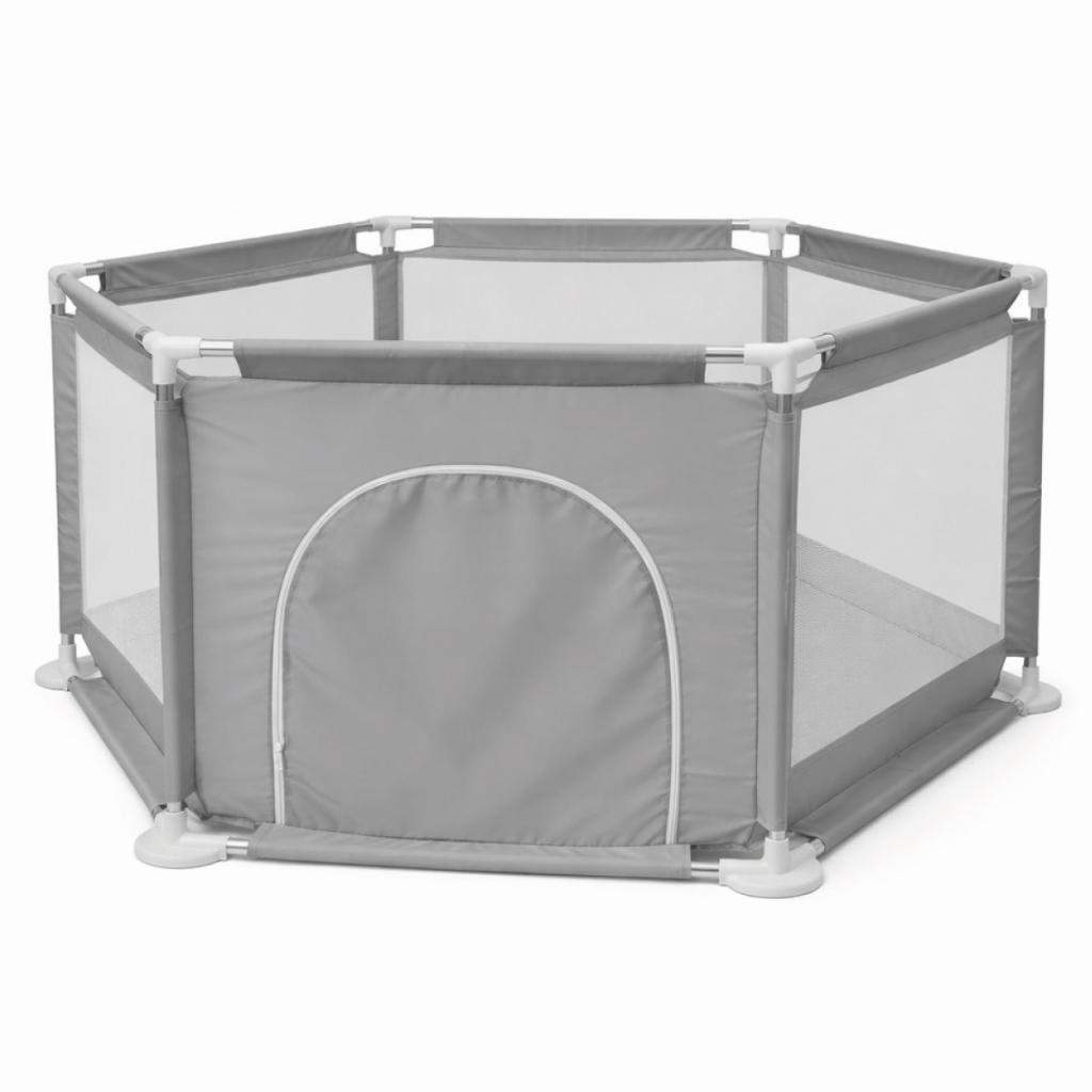 Chiqueirinho Bebê Infantil Cercadinho Desmontável Cinza Pequeno com Tela 128x111x66cm