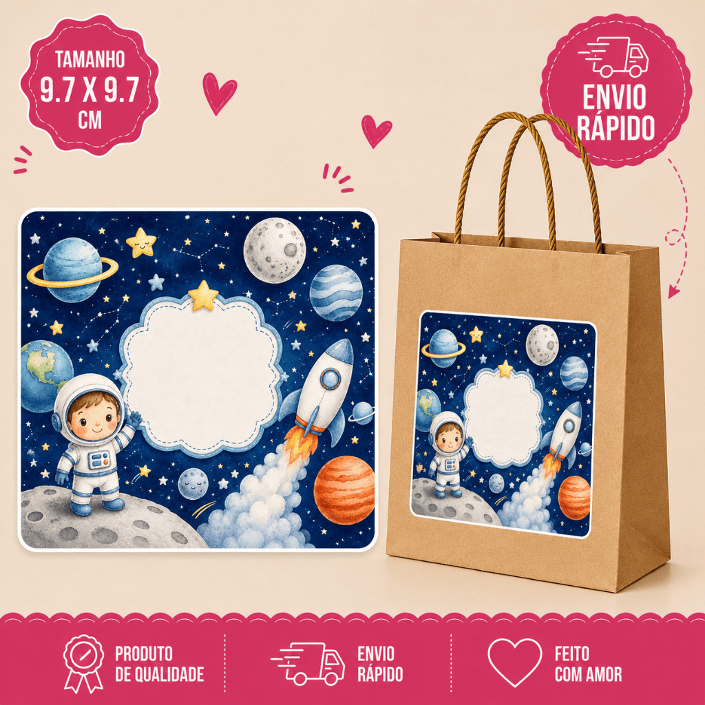 Adesivo Personalizado para Sacolinha de Aniversário Astronauta baby 9,7x9,7cm | Rótulo para Lembrancinha