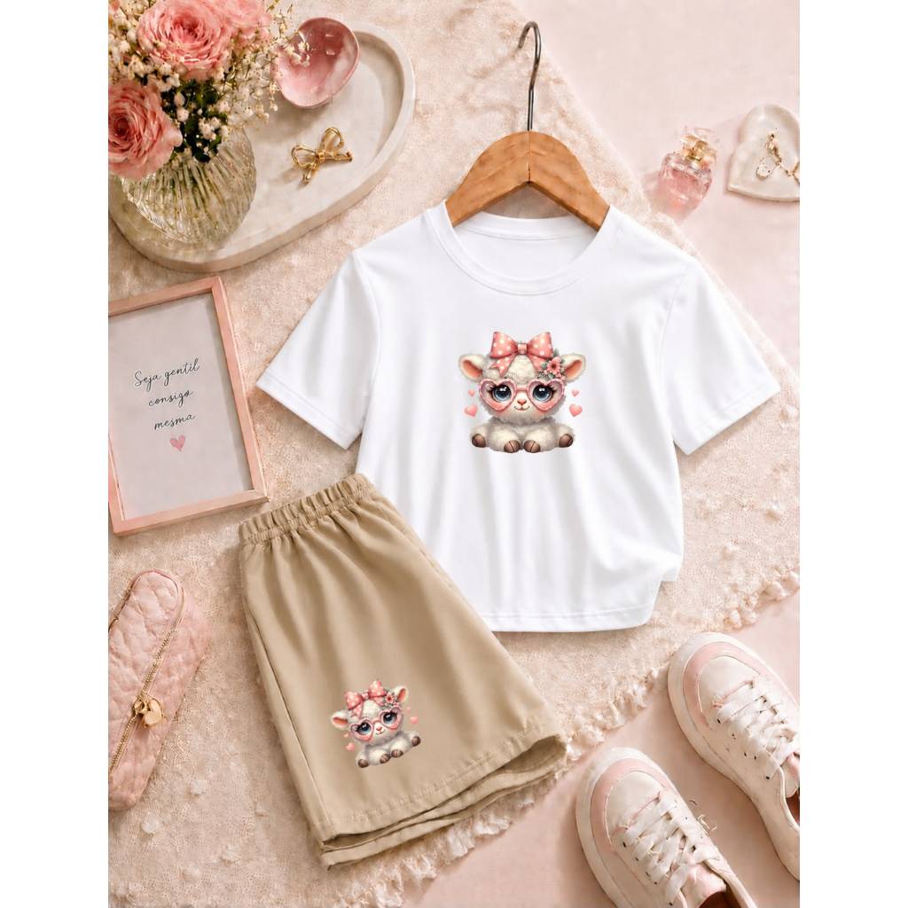 Conjunto Menina Infantil Camiseta Básica + Short Moletom Roupa Infantil Confortável e Estilosa Estampa Ovelhinha Fofa