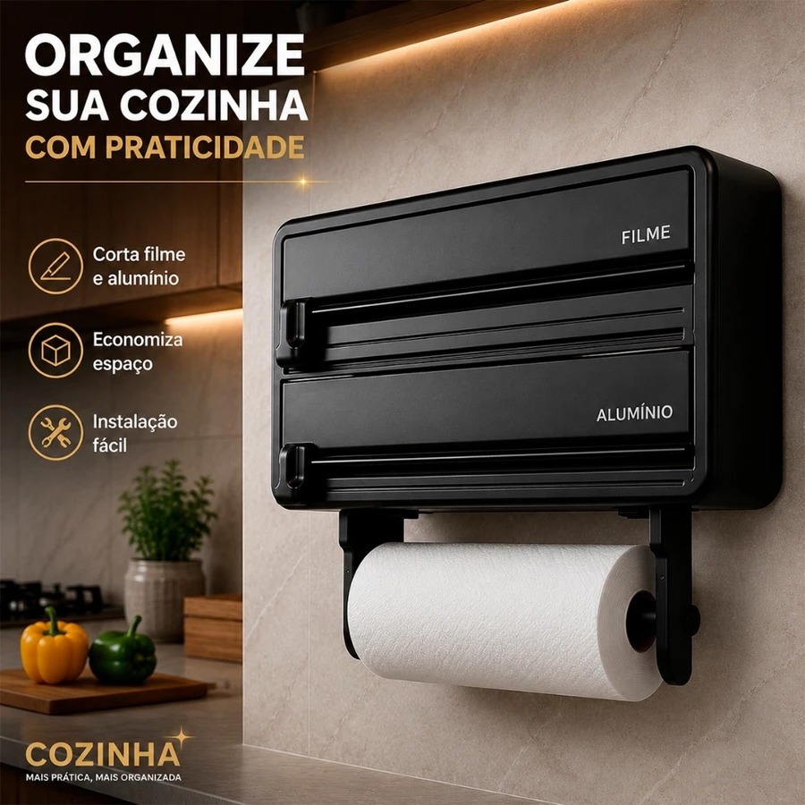 Porta Rolos De Parede Para Cozinha Dispenser Organizador Papel Toalha Papel Alumínio E Plástico Filme 3 Em 1 Premium