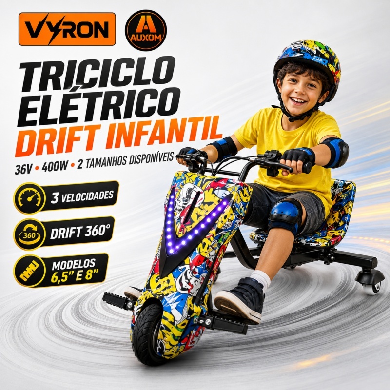 Triciclo Elétrico Drift Infantil VYRON 36V 400W 3 Velocidades 6,5” e 8” com LED AUXOM