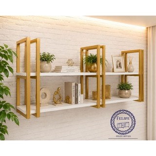 PRATELEIRA SUSPENSA OU PAREDE 6 SUPORTES DOURADO PRATELEIRA BRANCA(KIT COMPLETO COM SUPORTES E PRATELEIRAS)