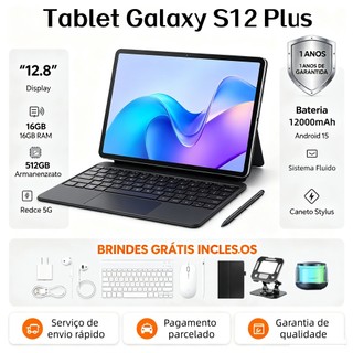 Tablet Galaxy S12 Plus 12.8 polegadas HD 12000 mAh 16 GB + 512 GB 5G, Wi-Fi, Bluetooth – para estudos e trabalho