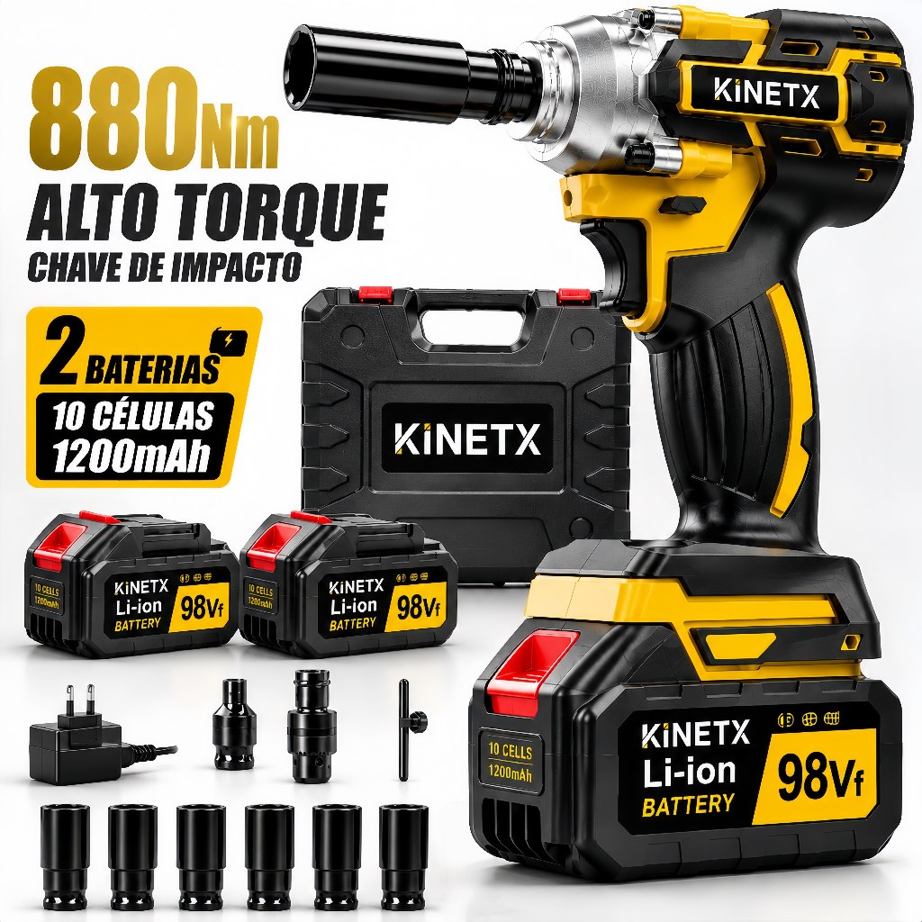 Chave De Impacto Kinetx 880Nm Brushless Sem Fio 98VF 2 Baterias 10 Células Com Maleta Kit Soquetes Profissional