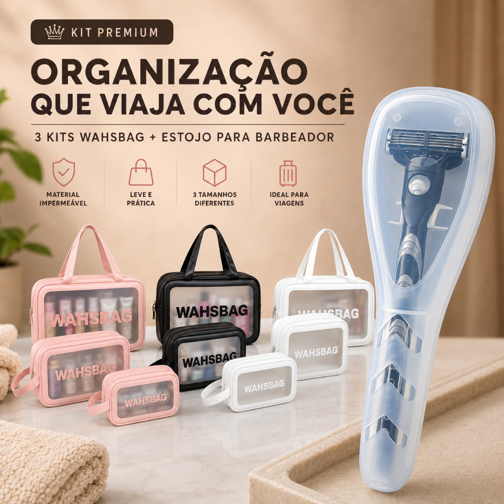 Kit 3 Necessaires Transparentes P M G Organizadoras + Estojo Viagem