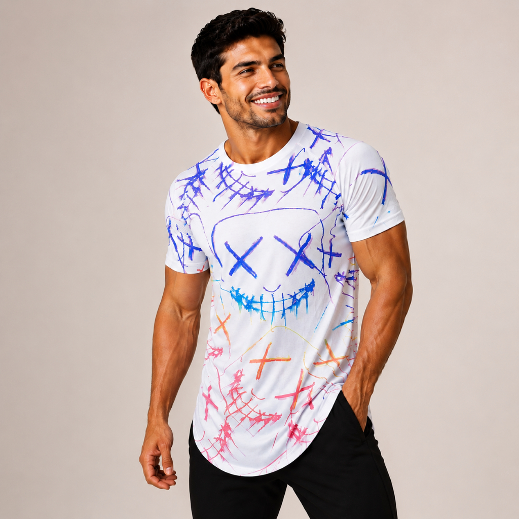 Camiseta Masculina Longline Estampada Smile Colorido Streetwear Tendência