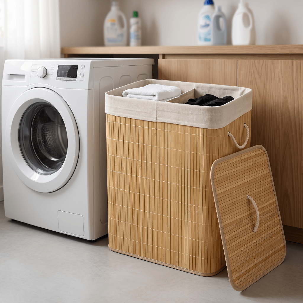 Cesto De Roupa Suja Bambu Duplo Dobrável Retangular 104L Grande Organizador Forrado Tampa Alças Banheiro Lavanderia