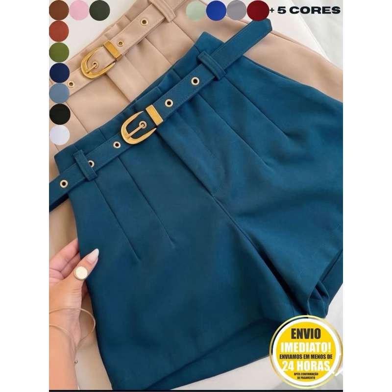 Short Feminino Alfaiataria Social com Cinto e Bolso Fivela Dourada Cintura Alta