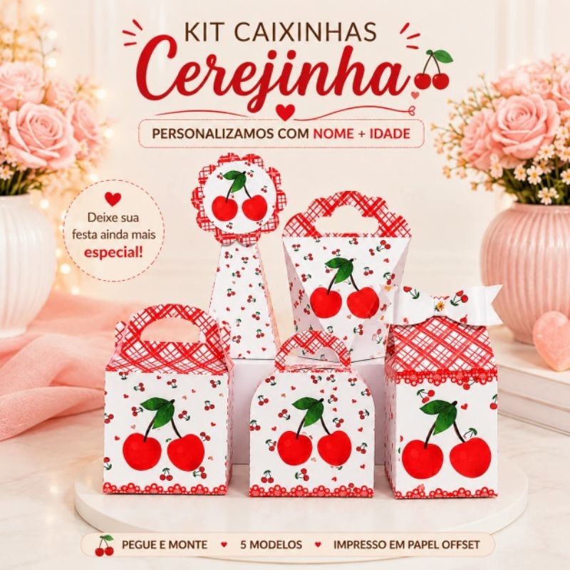 Kit Caixinhas Cerejinha Personalizadas Lembrancinhas Festa Aniversario "Pegue e Monte"