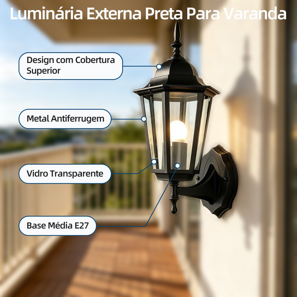 Luminária de Parede Externa em Metal Antiferrugem – Resistente à Água e Sol, Vidro Temperado, Base E27, Ideal para Varan · foto 2