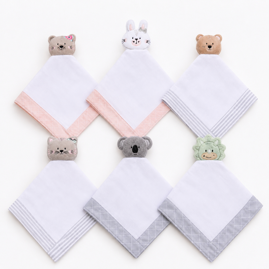 NANINHA CHEIRINHO BEBÊ PAPI FRIENDS COM BICHINHO – SOFT 100% ALGODÃO | 40 X 40 CM | BORDADA E ESTAMPADA