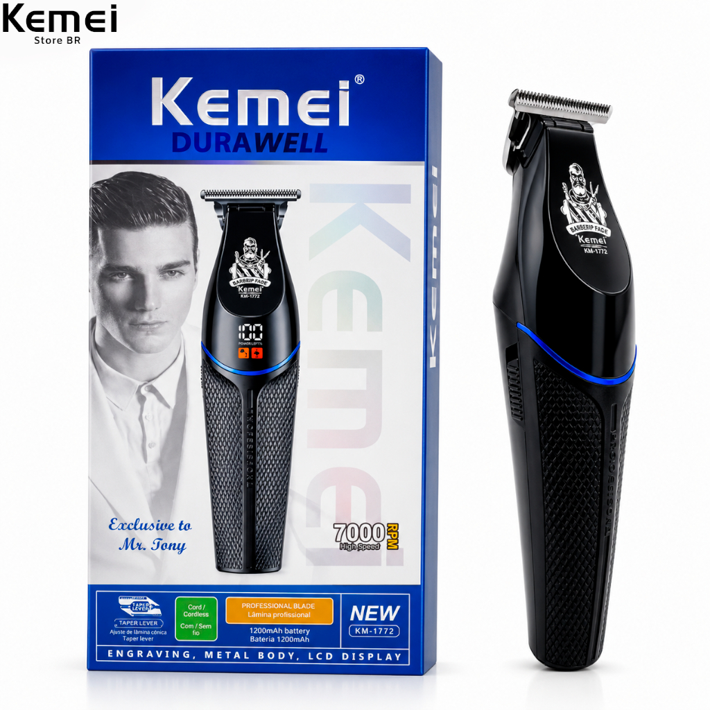 Máquina de Cortar Cabelo Profissional Kemei KM 1772 Aparador de Cabelo Recarregável Tela LCD Bivolt sem fio