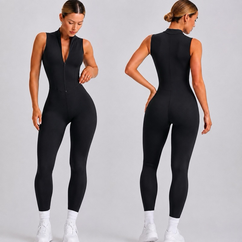 Macacão Fitness Feminino Premium de Academia Suplex Power 320 Zero Transparência Zíper Frontal Alta Compressão Modelador