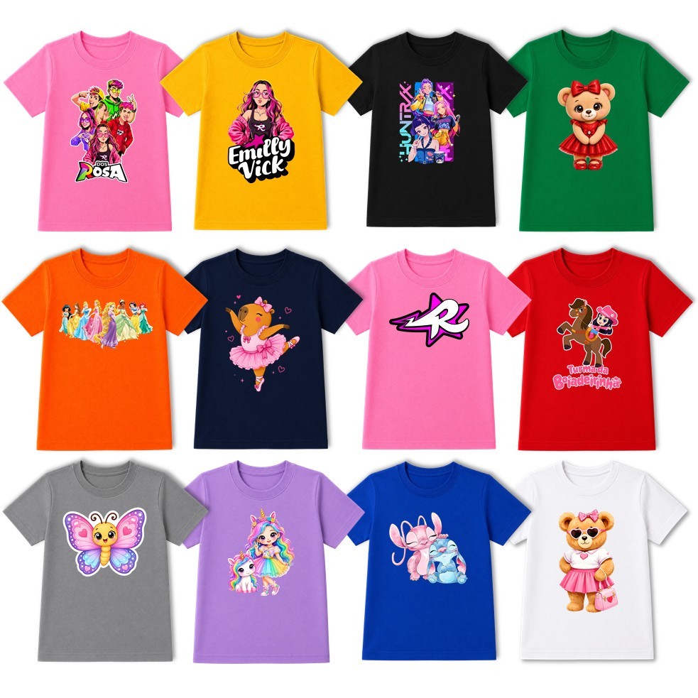 Kit 3 ou 5 Camisas Infantil Camisetas Infantil Feminina Menina Sortidas Personagens Herói Jogos Yotuber Desenhos Lindas