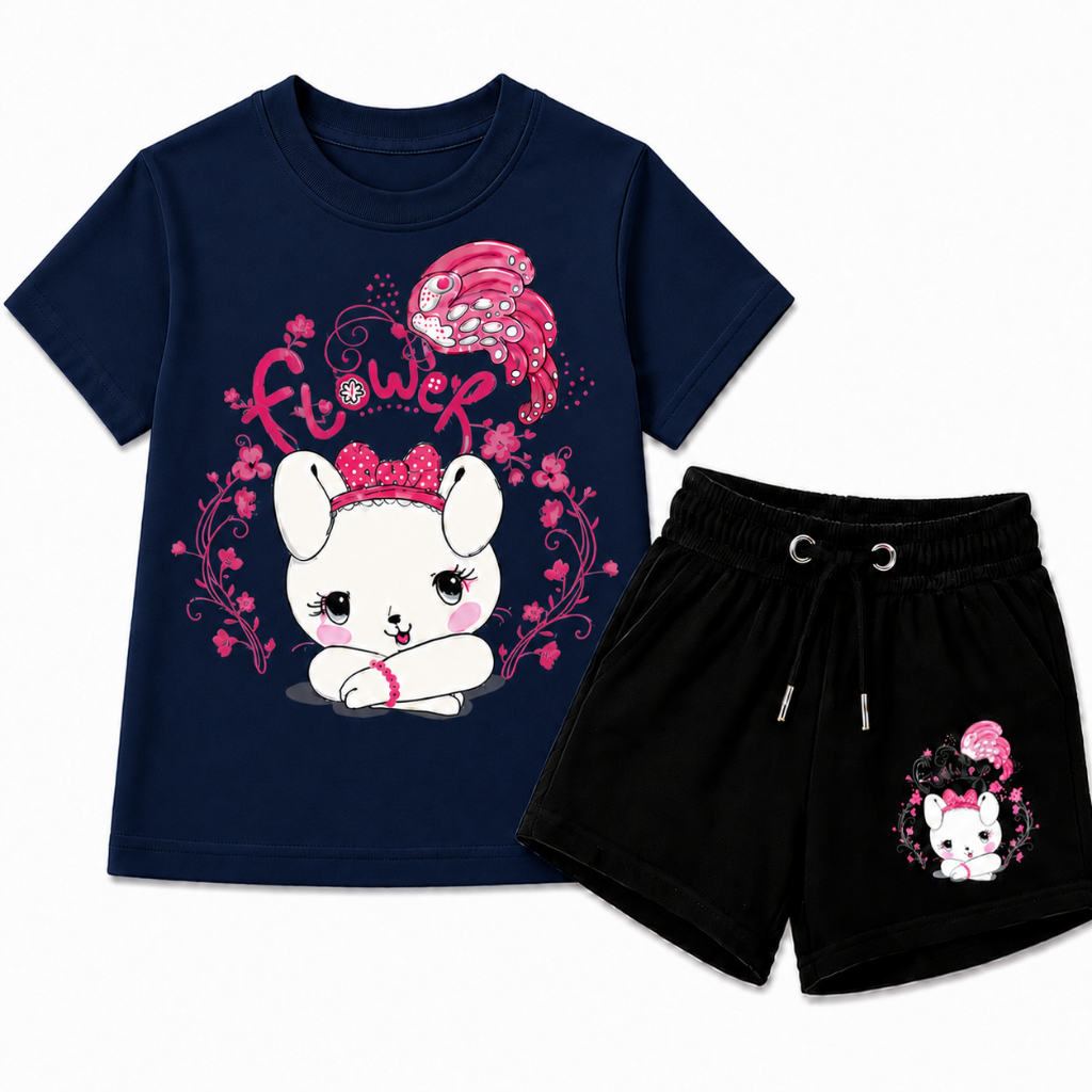 CONJUNTO INFANTIL FEMININO DE BERMUDA E CAMISETA COELHINHA FLOWER