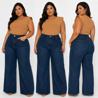 Calça Jeans Wide Leg Plus Size Feminina Tamanho Grande 100% Algodão Cintura Alta Pantalona Modelagem Oversized