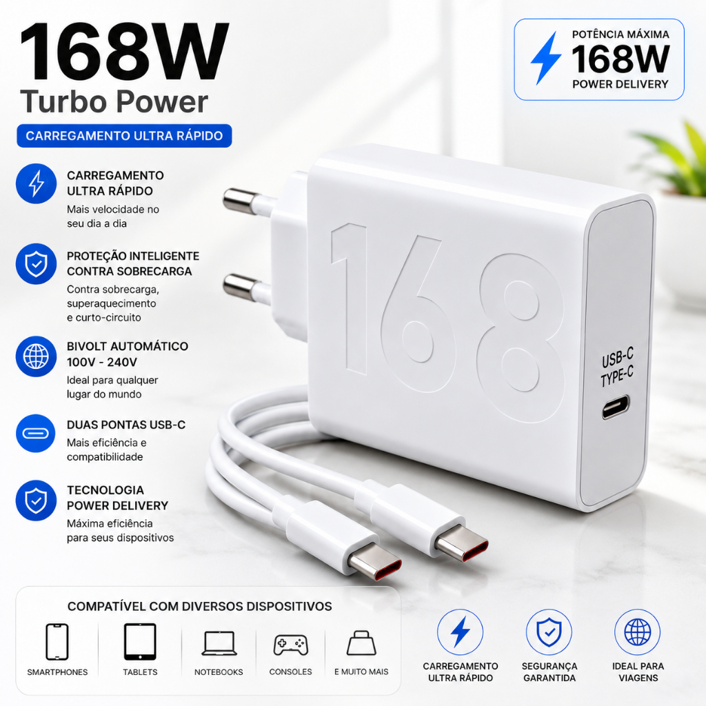 KIT Carregador Cabo E Fonte Turbo 67W / 150W / 168W Carga Rápida Celular Android
