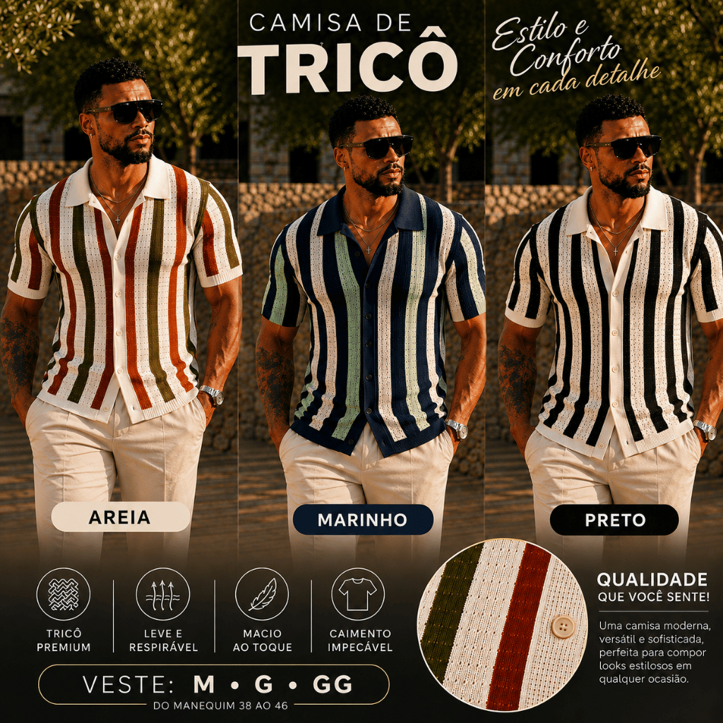 Camisa Masculina Gola Cubana Listrada Tricô Luxo