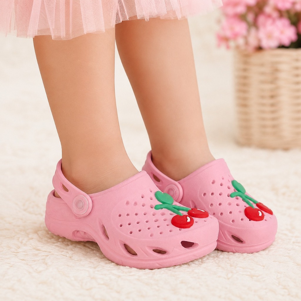 Babuche Infantil Menina Plugt Cereja Leve Confortável Antiderrapante Cerejinha Delicada Rosa Preto