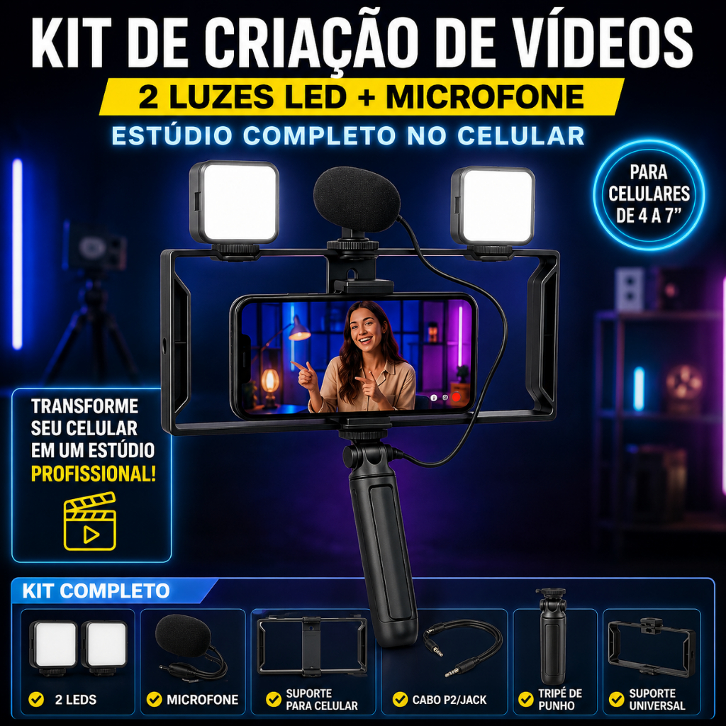 Kit Video Maker Criação de Vídeos para Celular com Microfone Tripé Suporte e 2 Luzes LED TikTok Youtube